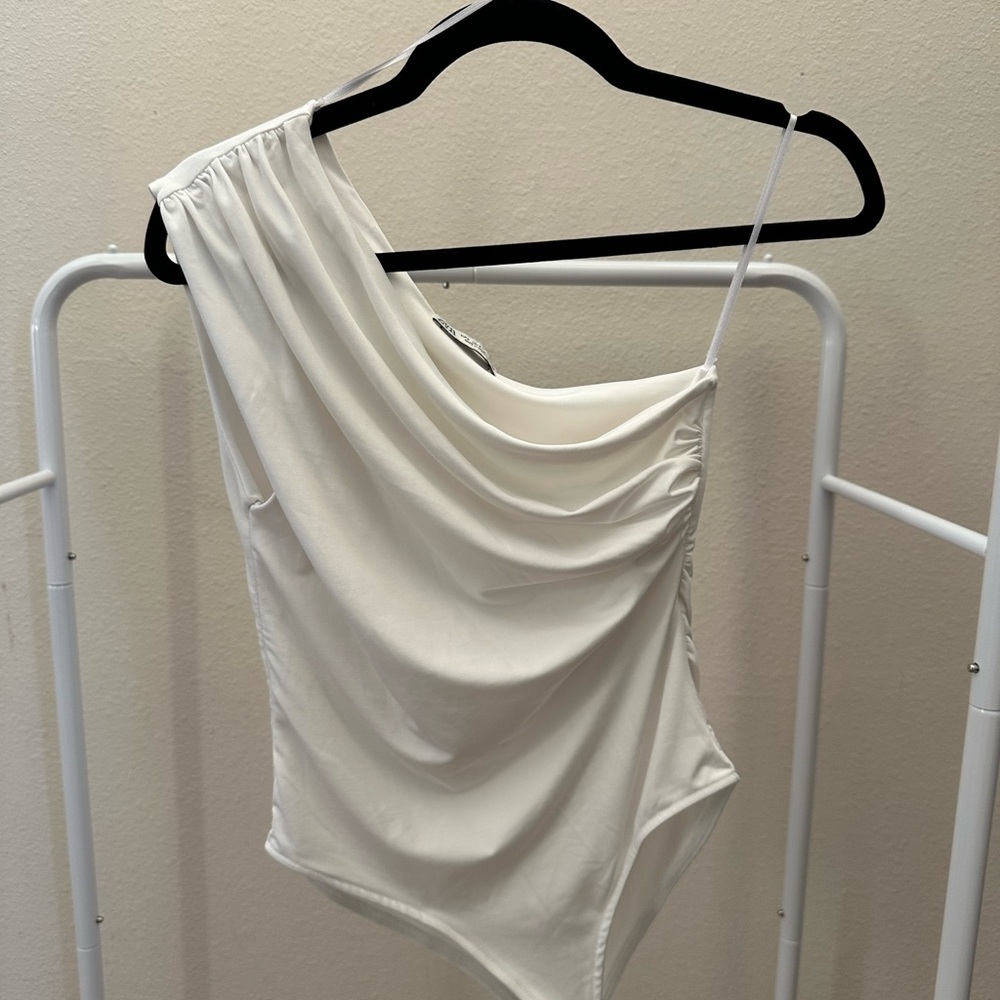 Zara White One-Shoulder Draped Bodysuit